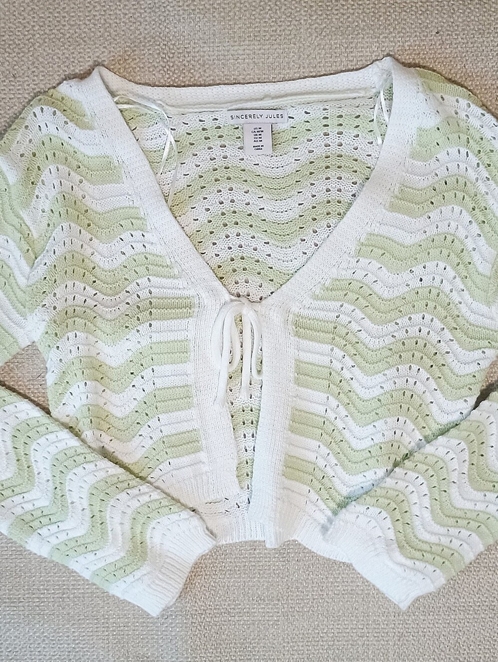 Sincerly Jules White & Light Green Crochet Tie-Front Sweater